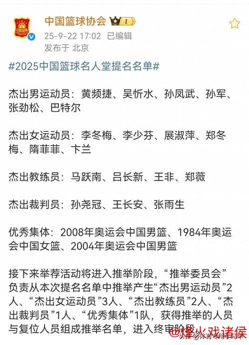 2025中国篮球名人堂揭晓 男篮“96黄金一代”荣膺入选